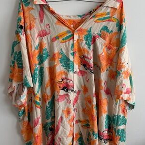 Hawaiian Print Button-Down Shirt - Tropical Flamingo & Surf Design Big and Tall